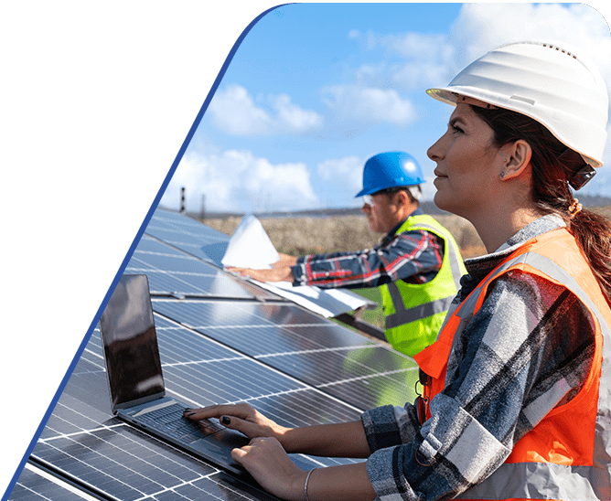 Amtivo (Formerly Certification Europe and EQA) ISO 14001 - Environmental Management System workers planning on top of solar panels.