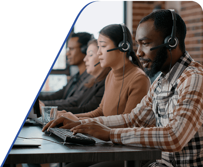 Amtivo (Formerly Certification Europe and EQA) ISO 27017 - Cloud Data Protection. A row of workers with headsets on their computers.