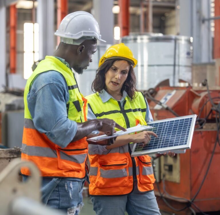 Aldi case study - two workers in high vis jackets and hard hats  talking and looking at a computer