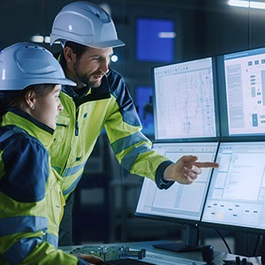 Amtivo (Formerly Certification Europe and EQA) - ISO 9001 Implementation Training - Two workers in hardhats completing the training on a computer